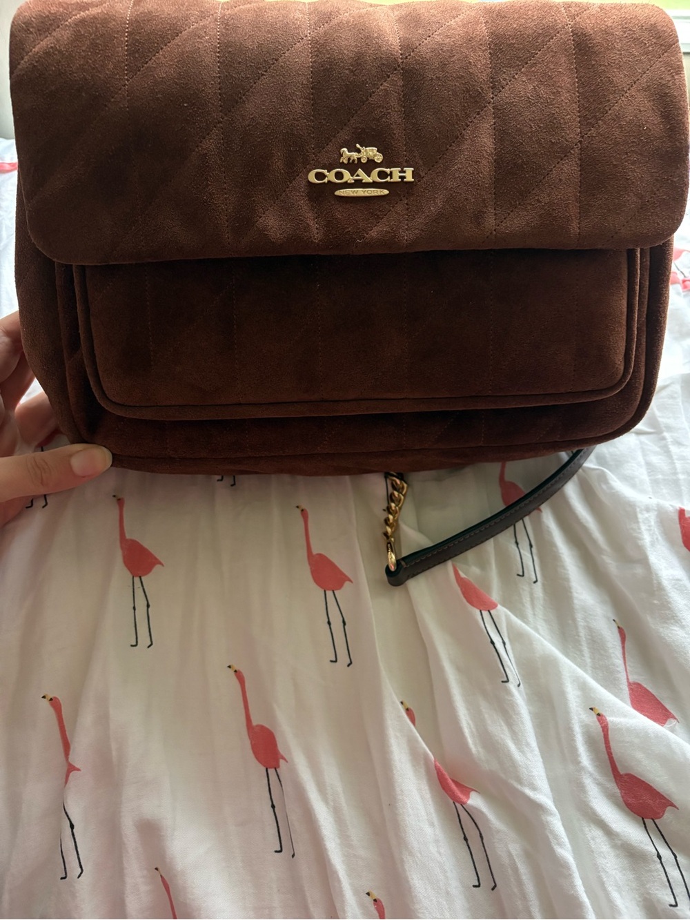 COACH Quilted Suede Shoulder Bag in Brown with Gold Hardware
